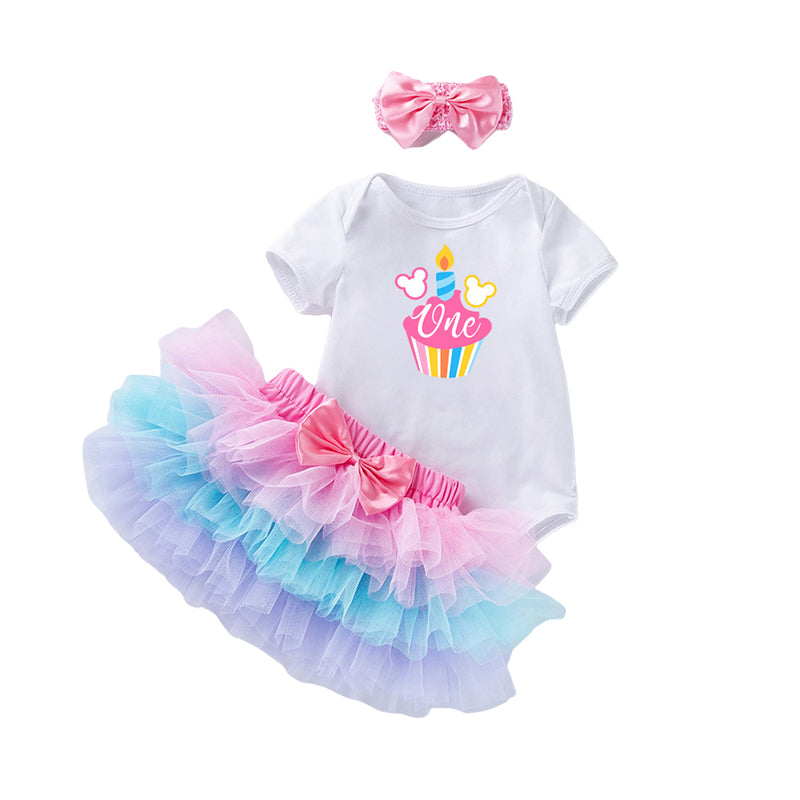 3 Pieces Set Baby Girls Bow Headwear Print T-Shirts And Skirts