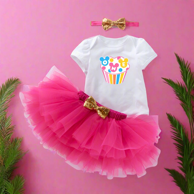 3 Pieces Set Baby Girls Bow Headwear Print T-Shirts And Skirts