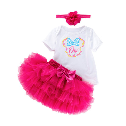 3 Pieces Set Baby Girls Bow Headwear Print T-Shirts And Skirts