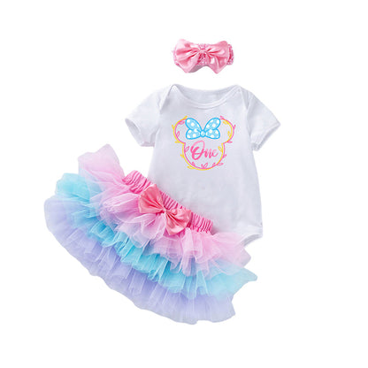 3 Pieces Set Baby Girls Bow Headwear Print T-Shirts And Skirts