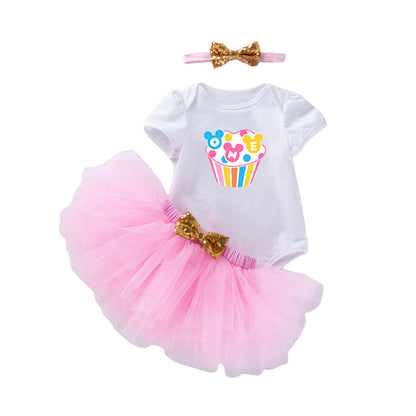 3 Pieces Set Baby Girls Bow Headwear Print T-Shirts And Skirts