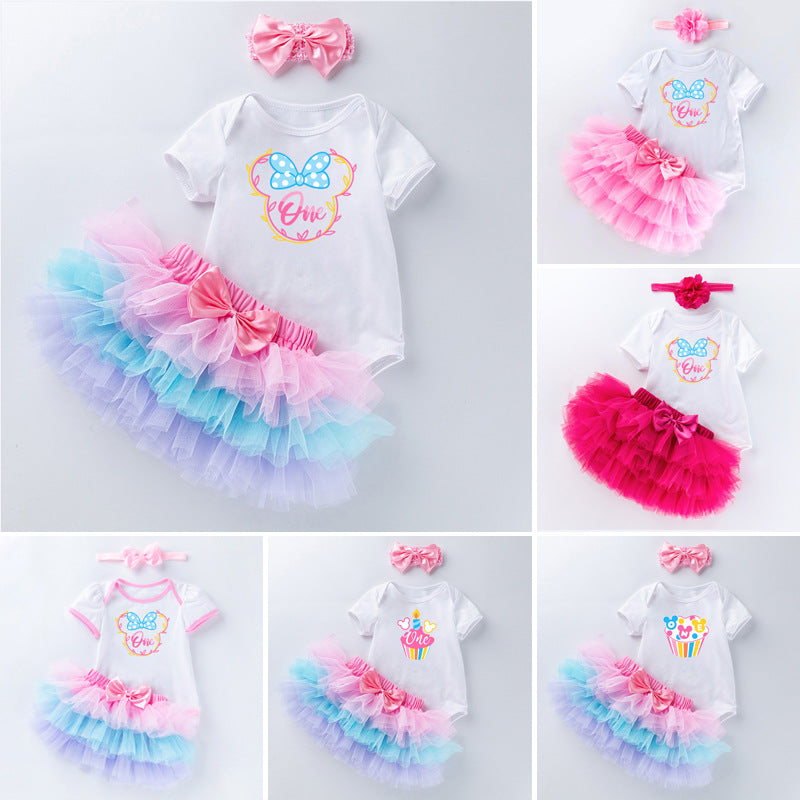 3 Pieces Set Baby Girls Bow Headwear Print T-Shirts And Skirts