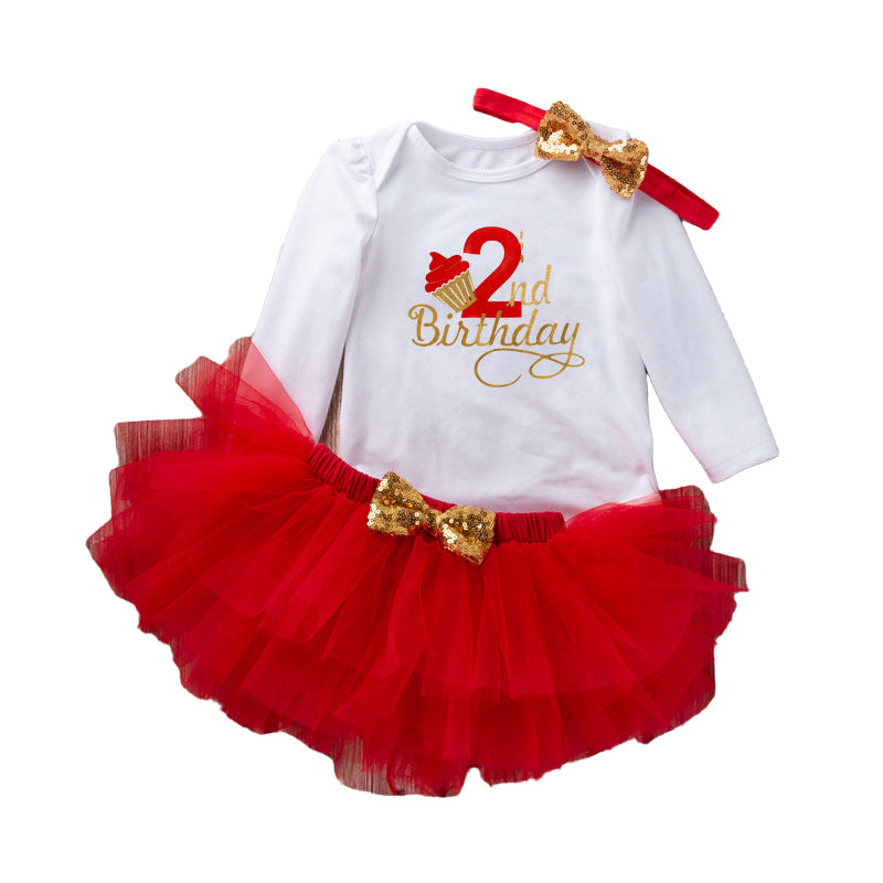 3 Pieces Set Baby Girls Birthday Letters Print Rompers Solid Color Skirts And Bow Headwear Wholesale 22052441