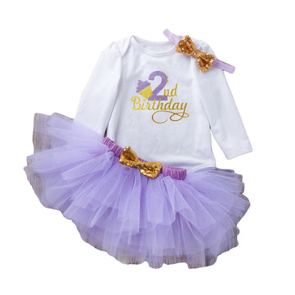 3 Pieces Set Baby Girls Birthday Letters Print Rompers Solid Color Skirts And Bow Headwear Wholesale 22052441