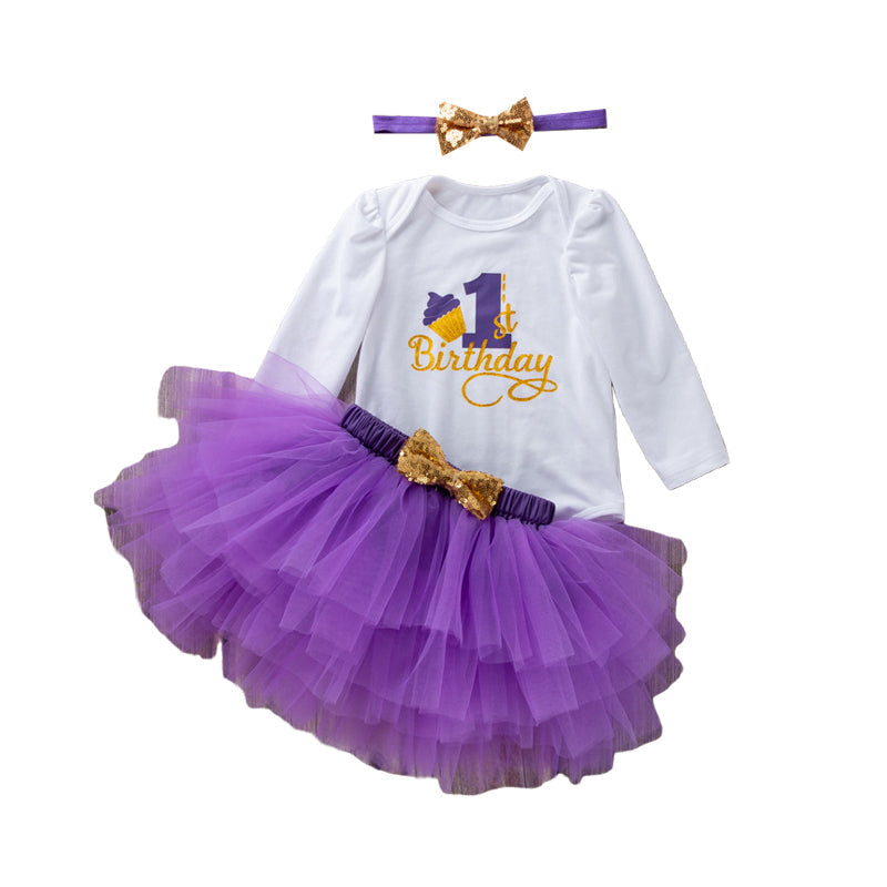 3 Pieces Set Baby Girls Birthday Letters Print Rompers Solid Color Skirts And Bow Headwear Wholesale 22052441