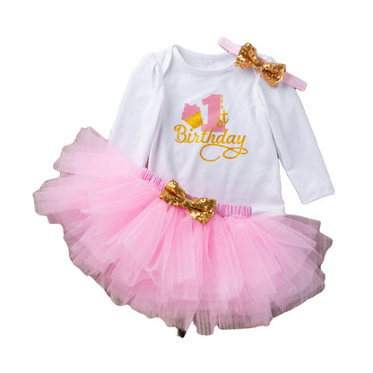 3 Pieces Set Baby Girls Birthday Letters Print Rompers Solid Color Skirts And Bow Headwear Wholesale 22052441