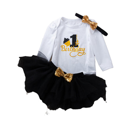 3 Pieces Set Baby Girls Birthday Letters Print Rompers Solid Color Skirts And Bow Headwear Wholesale 22052441