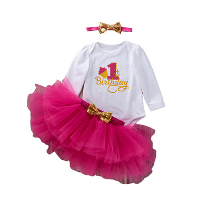 3 Pieces Set Baby Girls Birthday Letters Print Rompers Solid Color Skirts And Bow Headwear Wholesale 22052441