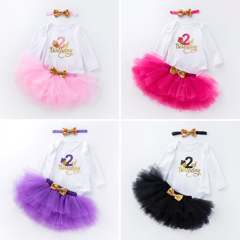 3 Pieces Set Baby Girls Birthday Letters Print Rompers Solid Color Skirts And Bow Headwear Wholesale 22052441