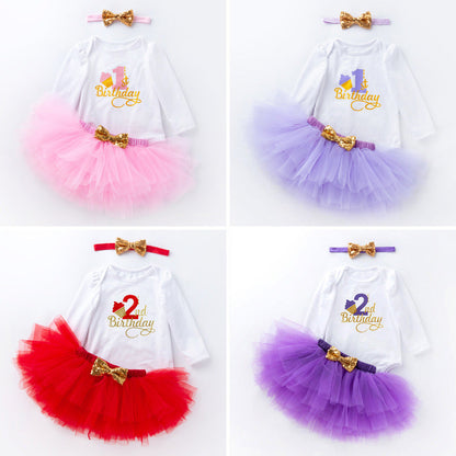 3 Pieces Set Baby Girls Birthday Letters Print Rompers Solid Color Skirts And Bow Headwear Wholesale 22052441