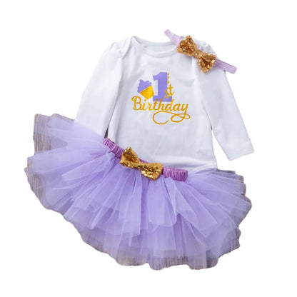 3 Pieces Set Baby Girls Birthday Letters Print Rompers Solid Color Skirts And Bow Headwear Wholesale 22052441