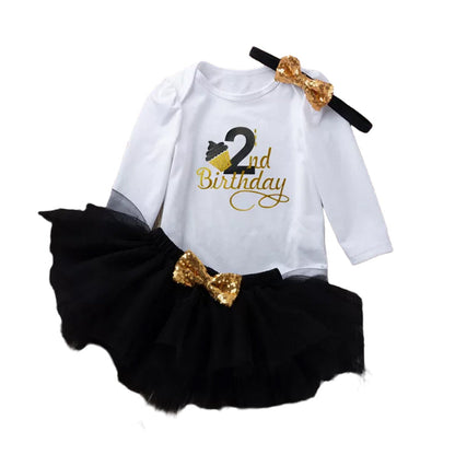 3 Pieces Set Baby Girls Birthday Letters Print Rompers Solid Color Skirts And Bow Headwear Wholesale 22052441