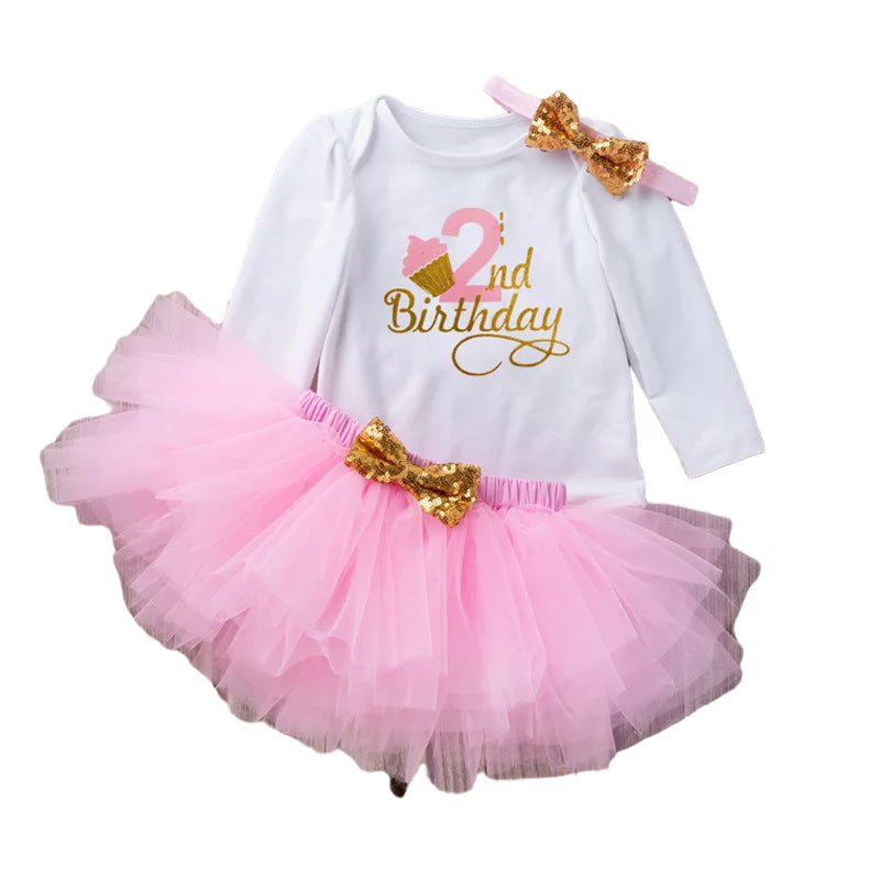 3 Pieces Set Baby Girls Birthday Letters Print Rompers Solid Color Skirts And Bow Headwear Wholesale 22052441