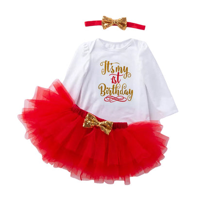 3 Pieces Set Baby Girls Birthday Letters Print Rompers Solid Color Skirts And Bow Headwear Wholesale 22052441