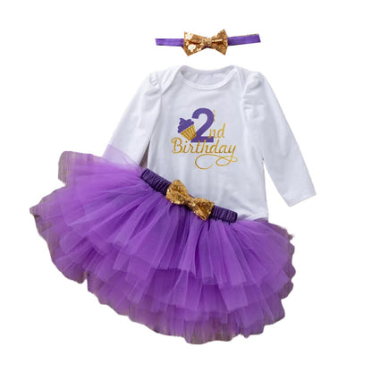 3 Pieces Set Baby Girls Birthday Letters Print Rompers Solid Color Skirts And Bow Headwear Wholesale 22052441