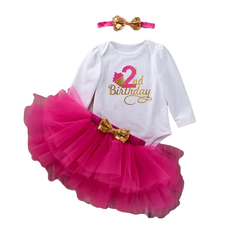 3 Pieces Set Baby Girls Birthday Letters Print Rompers Solid Color Skirts And Bow Headwear Wholesale 22052441