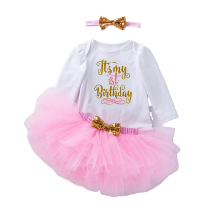 3 Pieces Set Baby Girls Birthday Letters Print Rompers Solid Color Skirts And Bow Headwear Wholesale 22052441