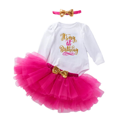 3 Pieces Set Baby Girls Birthday Letters Print Rompers Solid Color Skirts And Bow Headwear Wholesale 22052441