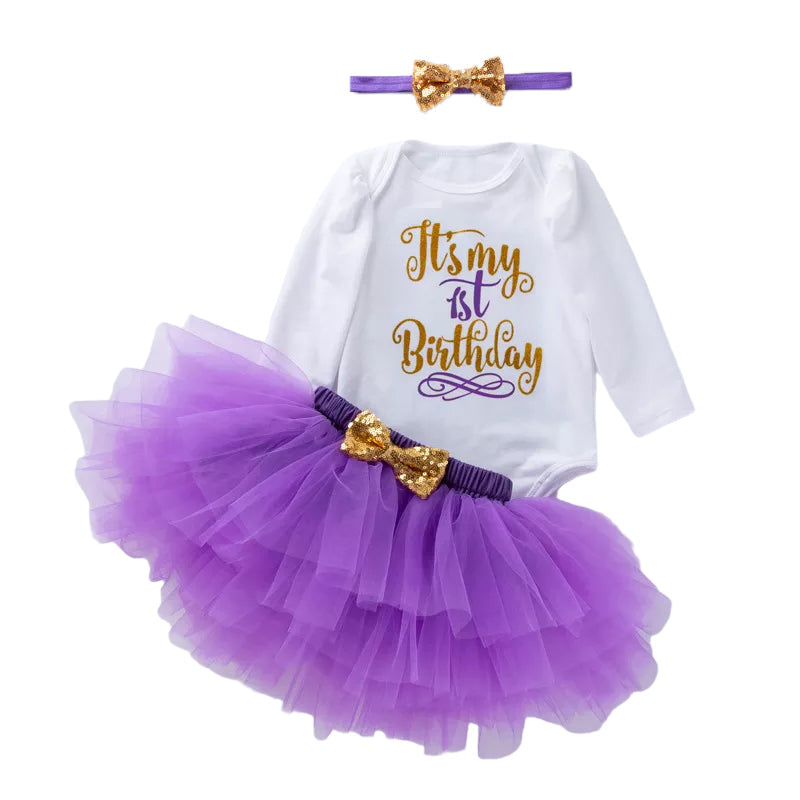 3 Pieces Set Baby Girls Birthday Letters Print Rompers Solid Color Skirts And Bow Headwear Wholesale 22052441