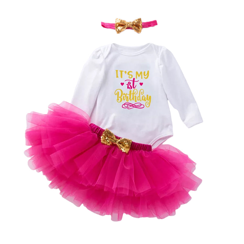 3 Pieces Set Baby Girls Birthday Letters Print Rompers Solid Color Skirts And Bow Headwear Wholesale 22052441