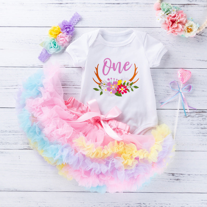 3 Pieces Set Baby Girls Letters Rainbow Skirts And Bow Headwear