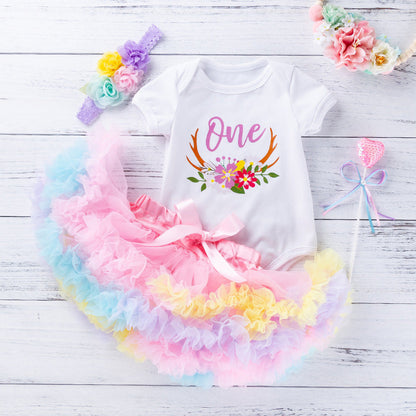 3 Pieces Set Baby Girls Letters Rainbow Skirts And Bow Headwear