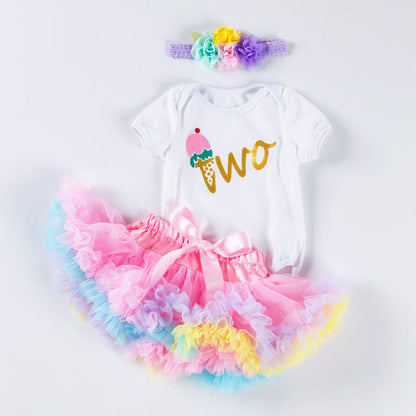 3 Pieces Set Baby Girls Letters Rainbow Skirts And Bow Headwear