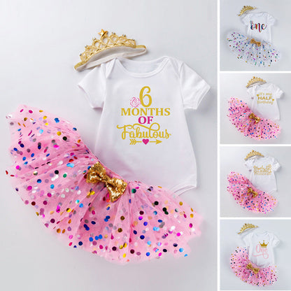 3 Pieces Set Baby Girls Rompers And Bow Skirts And Headwear