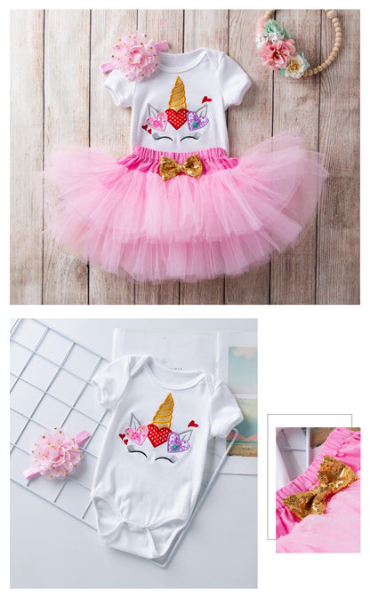 3 Pieces Set Baby Girls Letters Rompers Skirts And Headwear