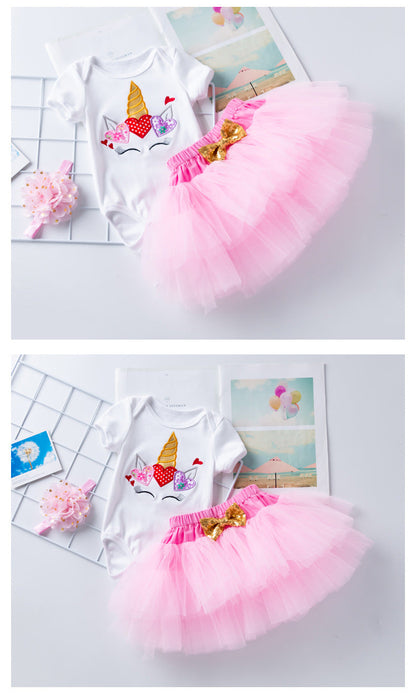 3 Pieces Set Baby Girls Letters Rompers Skirts And Headwear