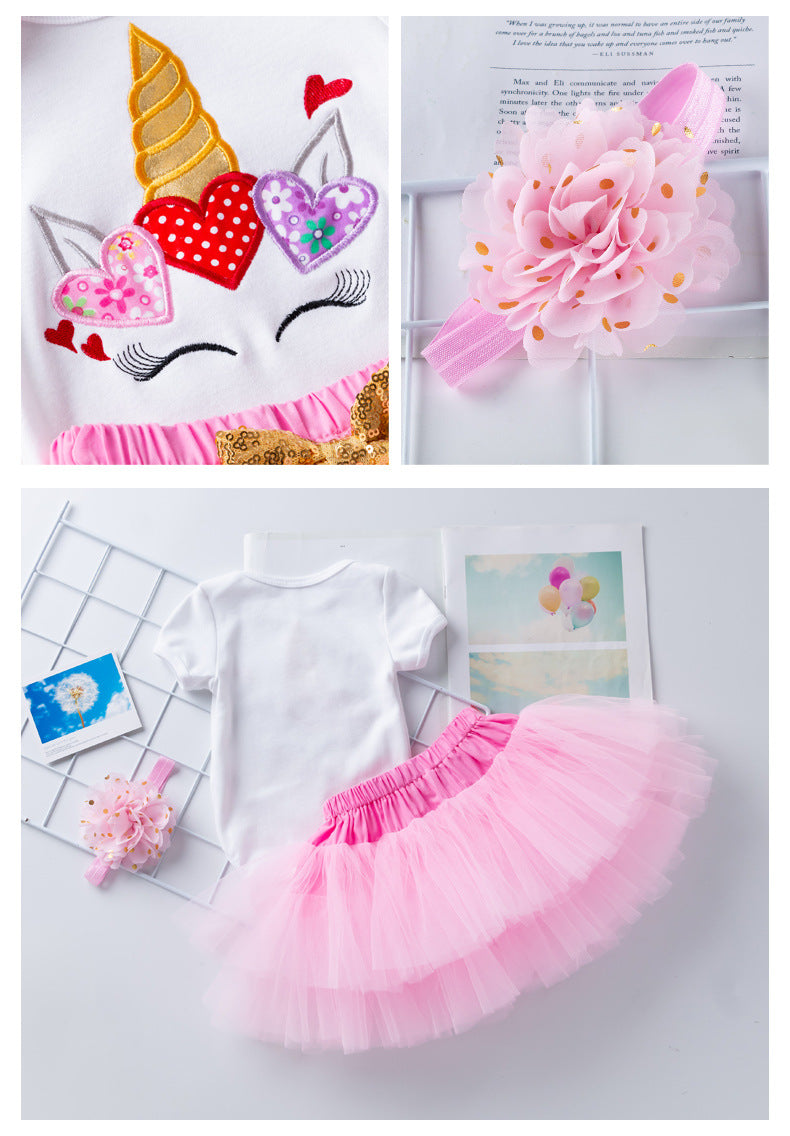 3 Pieces Set Baby Girls Letters Rompers Skirts And Headwear