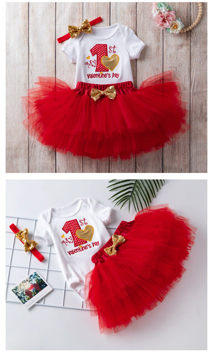 3 Pieces Set Baby Girls Letters Rompers Skirts And Headwear