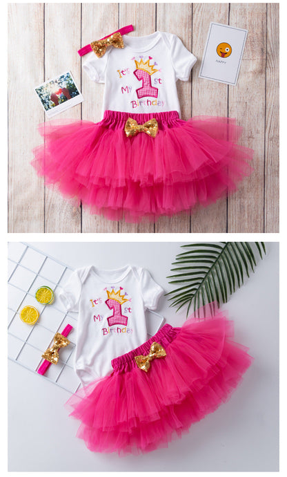 3 Pieces Set Baby Girls Letters Rompers Skirts And Headwear