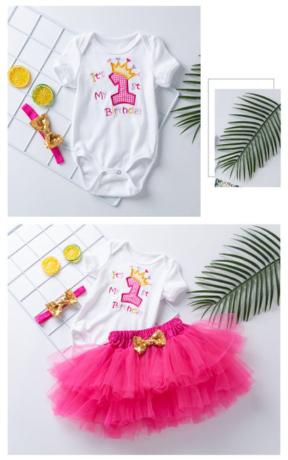 3 Pieces Set Baby Girls Letters Rompers Skirts And Headwear