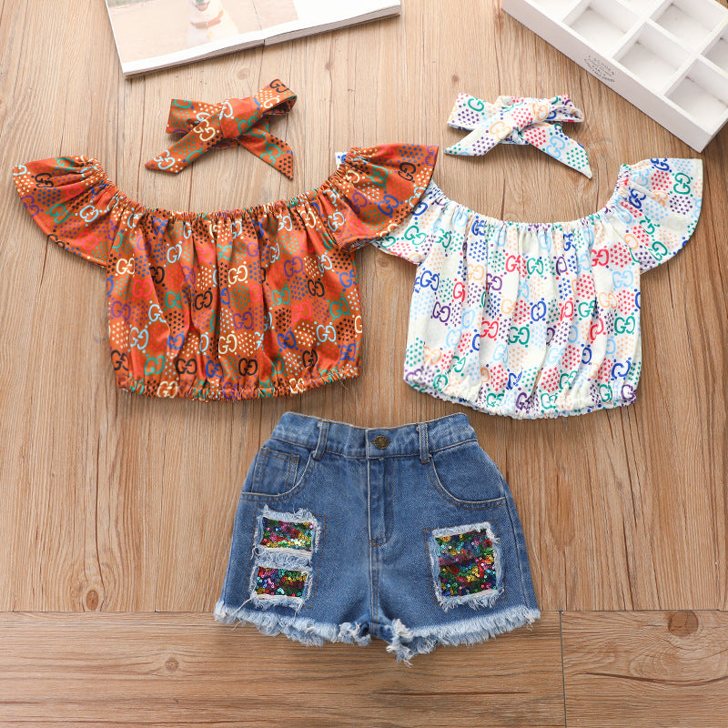 3 Pieces Set Baby Kid Girls Tops Ripped Shorts And Headwear