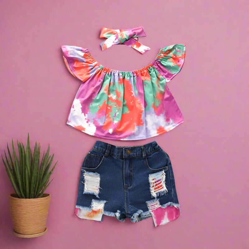 3 Pieces Set Baby Kid Girls Tops Ripped Shorts And Headwear