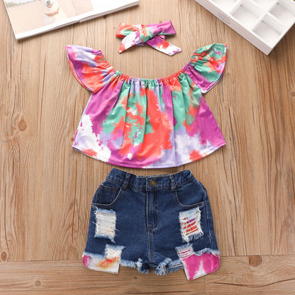 3 Pieces Set Baby Kid Girls Tops Ripped Shorts And Headwear