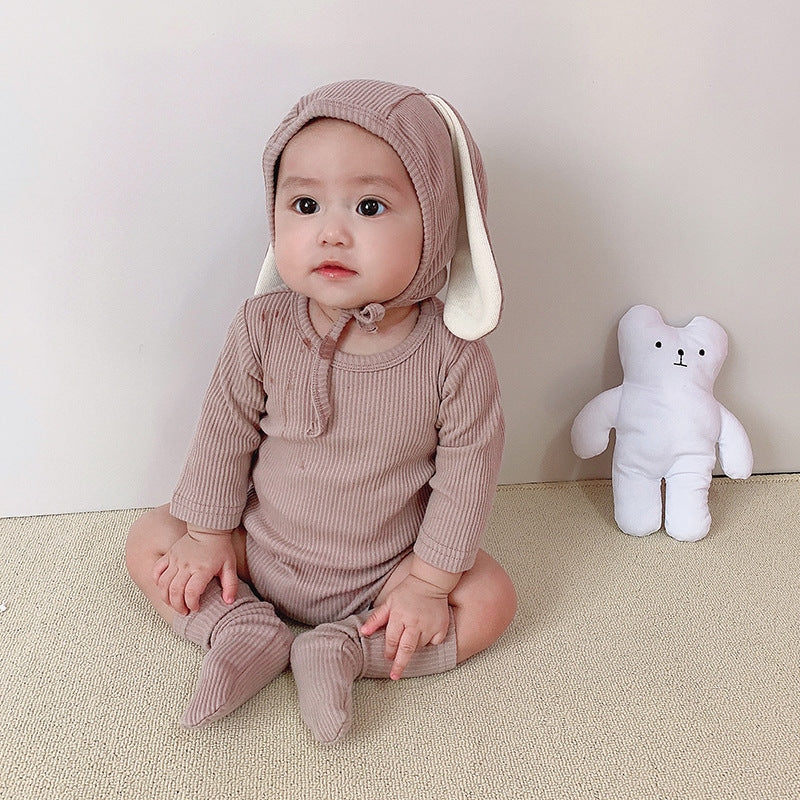 3 Pieces Set Baby Unisex Solid Color Muslin&Ribbed Rompers And Socks And Hats Wholesale 22053104