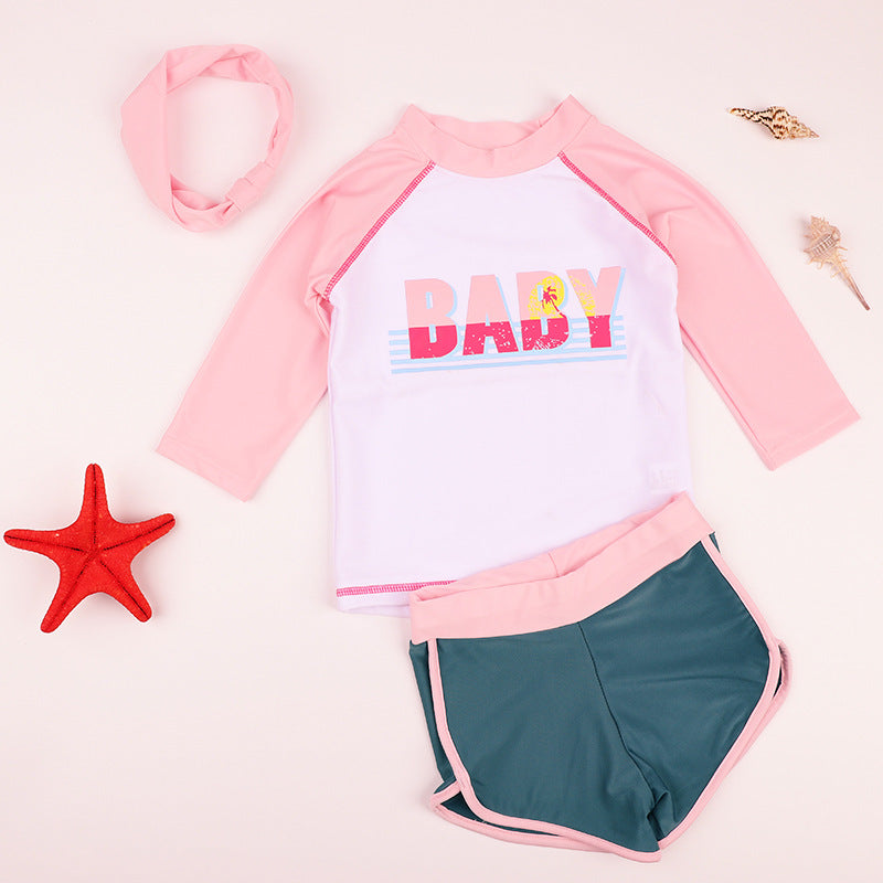 3 Pieces Set Girls Beach Letters Color-blocking Tops Shorts And Headwear Wholesale 22060618