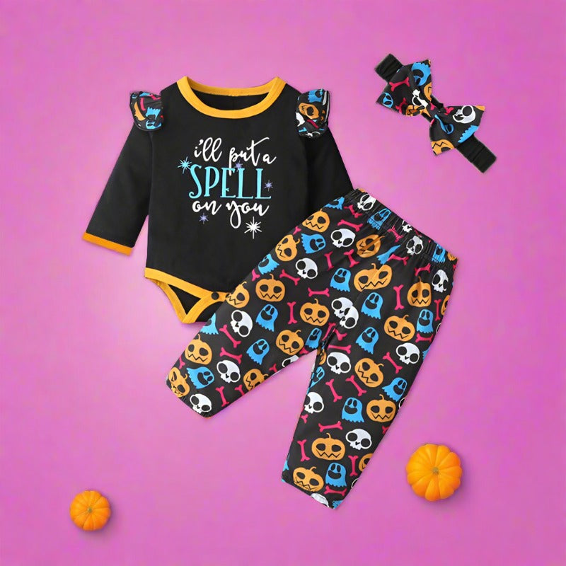 3 Pieces Set Baby Girls Halloween Letters Print Rompers