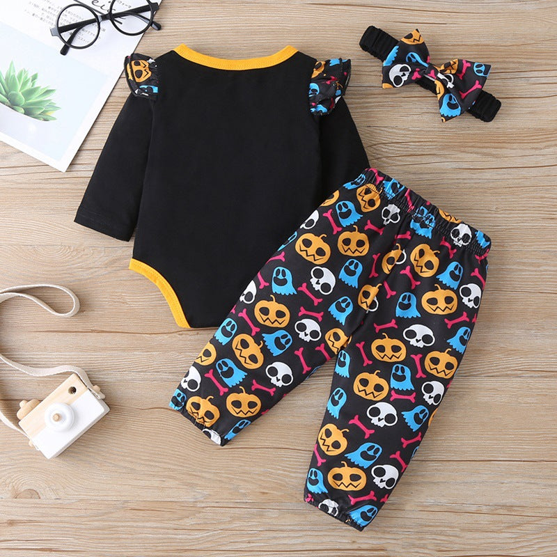 3 Pieces Set Baby Girls Halloween Letters Print Rompers