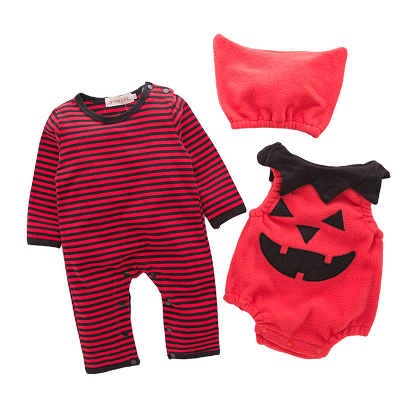 3 Pieces Set Baby Unisex Halloween Striped Cartoon Jumpsuits