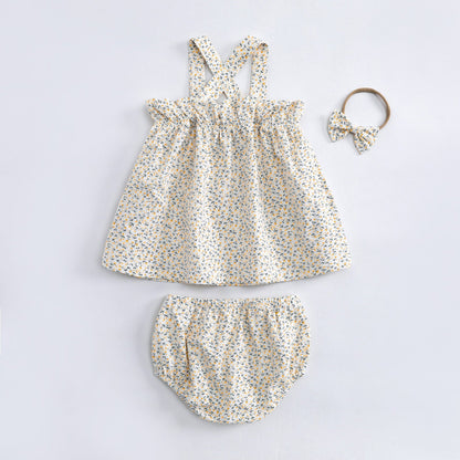 3 Pieces Set Baby Girls Dresses Shorts And Bow Headwear