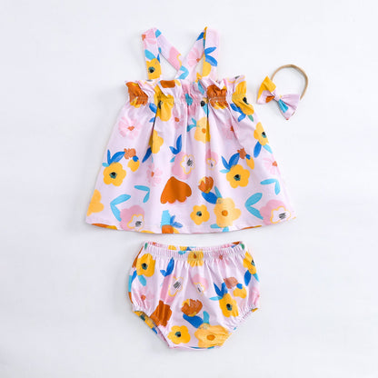 3 Pieces Set Baby Girls Dresses Shorts And Bow Headwear