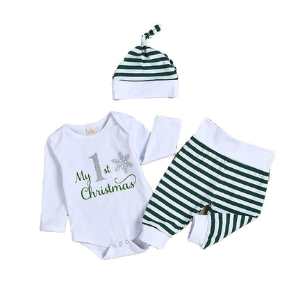 4 Pieces Set Baby Unisex Christmas Letters Print Rompers Striped Color-blocking Pants Hats And Headwear Wholesale 22062211