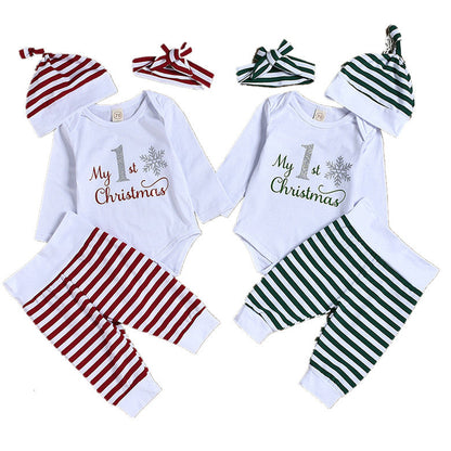 4 Pieces Set Baby Unisex Christmas Letters Print Rompers Striped Color-blocking Pants Hats And Headwear Wholesale 22062211