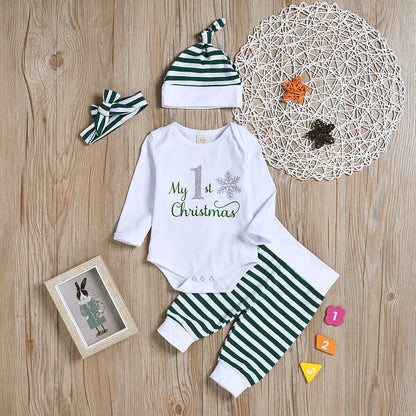 4 Pieces Set Baby Unisex Christmas Letters Print Rompers Striped Color-blocking Pants Hats And Headwear Wholesale 22062211