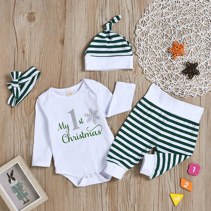 4 Pieces Set Baby Unisex Christmas Letters Print Rompers Striped Color-blocking Pants Hats And Headwear Wholesale 22062211