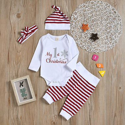 4 Pieces Set Baby Unisex Christmas Letters Print Rompers Striped Color-blocking Pants Hats And Headwear Wholesale 22062211