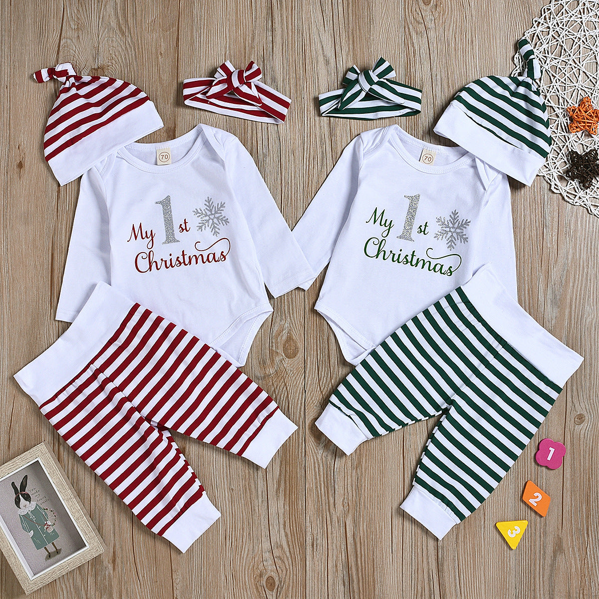 4 Pieces Set Baby Unisex Christmas Letters Print Rompers Striped Color-blocking Pants Hats And Headwear Wholesale 22062211